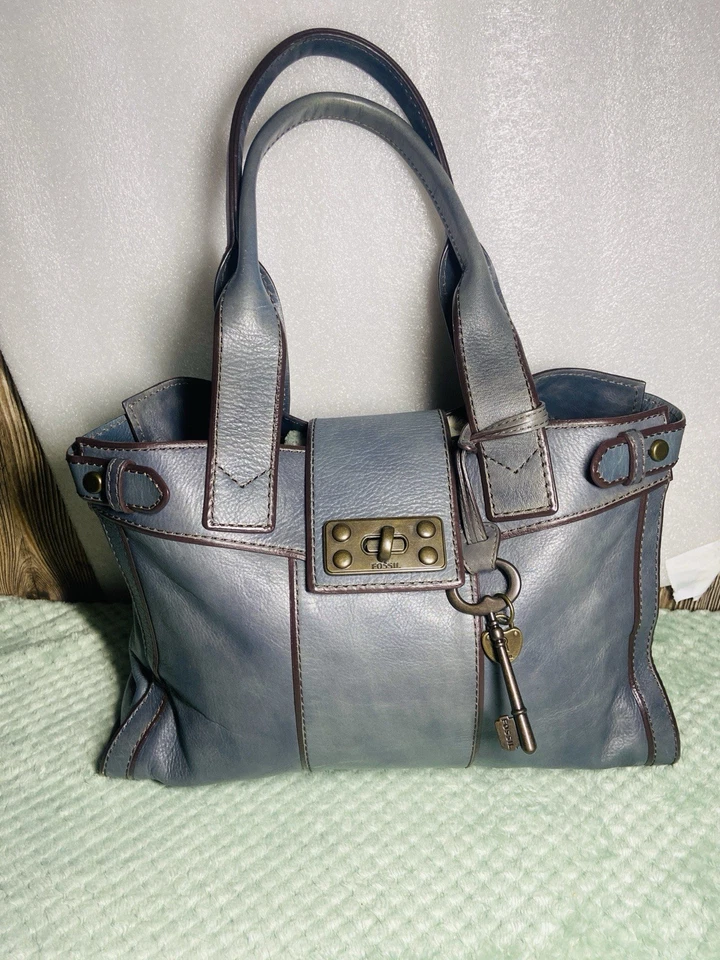 Cartera de cuero azul fósil bolso de mano latón cierre giratorio llave encanto Foto 1 de 4