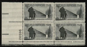 US USA Sc# 1149 MNH FVF PLATE # BLOCK World Refugee Year Man Woman Children Door - Picture 1 of 1