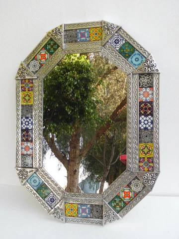 30" PUNCHED TIN MIRROR octagonal mixed talavera tile mexican folk art mirrors Cover