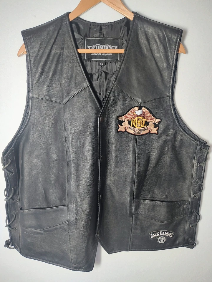 Unik Black Leather Biker Riding Vest Harley Davidson patches XXL Key West Outlaw - Image 1 of 4