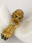 1960S Kenneth Jay Lane Lion Bangle Bracelet K.J.L Green Enamel Pave Crystal Gold