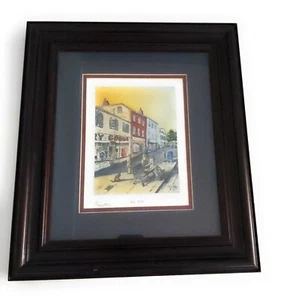 Steve Statzer Bus Stop Print Signed Framed 1994 Vintage 90’s MCM Bench Scene Dog - Picture 1 of 7