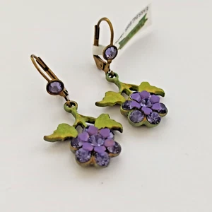 Michal Negrin Earrings Purple Flower Green Enamel Leaves Romantic Crystals Long - Picture 1 of 13