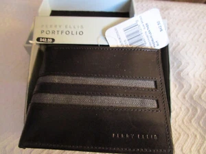 NEW $42 MENS PERRY ELLIS SLIM BIFOLD WALLET / BILLFOLD - LEATHER - BLACK - Picture 1 of 2