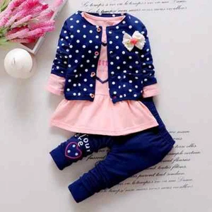Girls Clothing Sets Wave Point Clothing Set Baby Cotton Suit Cartoon 3pcs Suit - Picture 1 of 23