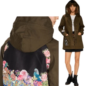 Desigual Jacket 4 Olive Green Parka Victorian Gothic Hooded Embroidered Floral - Picture 1 of 20