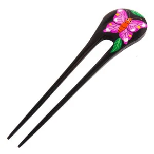 Handpainted Pink Butterfly Natural Wood Hairstick Hairfork Hair Hairpin, 6" - Picture 1 of 3