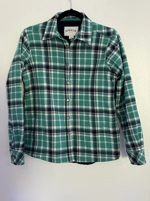 Camisa de franela forrada de lana Orvis para mujer verde a cuadros bolsillos con botones a presión pequeña Foto 1 de 4