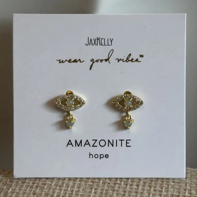 NEW Jax Kelly Green Amazonite Evil Eye Drop Earrings Hope Stone Hypoallergenic - Image 1 of 4