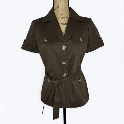 Ann Taylor 短袖西装外套女式 0 棕色绿色内衬腰带职业 — 第 1/4 张图片