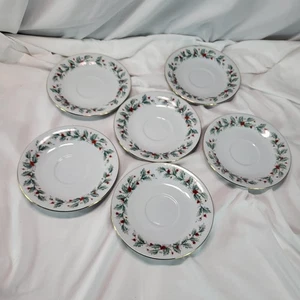 Juego de 6 Platillos de Postre China Pearl Noel 6" Navidad Acebo Borde Dorado - Imagen 1 de 14