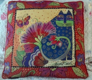 Laurel Burch 18" x 18" Gato Almohada Azul Gato con Flores Espalda Roja - Imagen 1 de 4