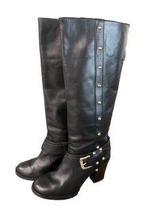 Michael Kors Black Leather Heeled Astor  Boots Gold Studs & Buckles S 8M - Picture 1 of 9