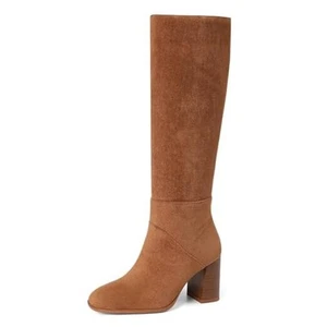 Knee High Boots Women Fall Winter Faux Suede Square Toe Chunky Block Heel Wide - Picture 1 of 7