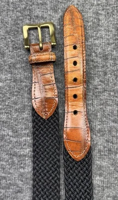 Martin Dingman Woven Stretch Belt Mens 40 Black Leather Trim Brass Buckle 210 - Image 1 of 4