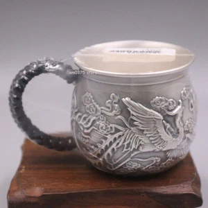 Massive 999 Feinsilber Teetasse Drache Phönix Griff Wassertasse Teeservice 2,2 Zoll Höhe - Bild 1 von 6