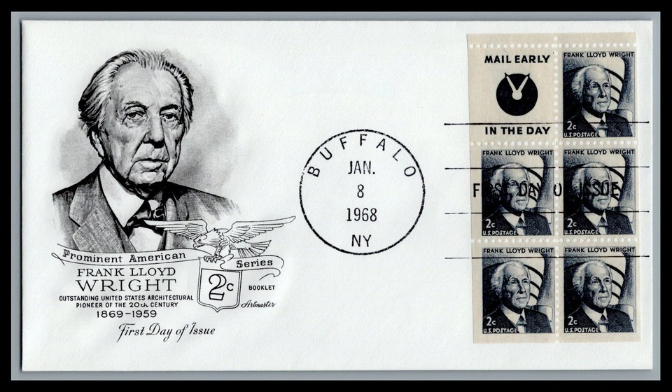 US FDC # 1280a 2c Frank Lloyd Wright Pane of 5 Mail Artmaster  1968, 9L504 - Image 1 of 1
