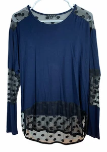 Womens JOIA NYC Size M Navy Long Sleeve Top Shirt Blouse Lace Polka Dot - Picture 1 of 7