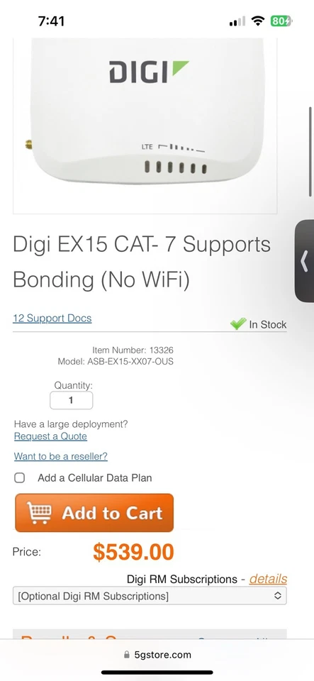 Digi EX15 LTE-A HSPA+ Cat 7 Cellular Modem/Router Ethernet - Image 1 of 1