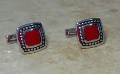 DOLAN BULLOCK STERLING 银色串珠红色搪瓷袖扣 美国制造 节省 $ — 第 1/4 张图片