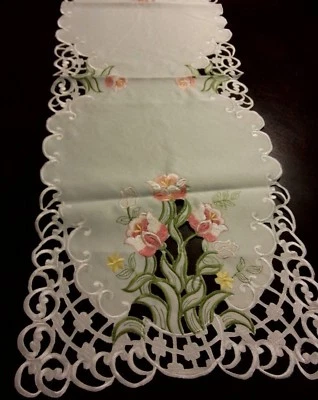 16"x54"Embroidered Tablecloth Pink Spring Tulip Floral Table Runner Home Decor  - Image 1 of 2