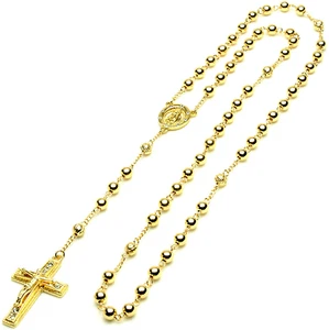 Men's Rosary with 14 Carat Gold Guadeloupe Jesus Beads Chain 28 Inches - Picture 1 of 12
