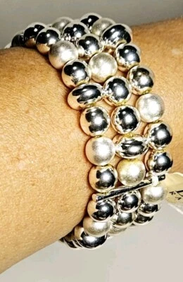 Ralph Lauren Glass 3 Strand Silver Ball And Faux Pearl 7"+ Stretch Bracelet New - Image 1 of 4