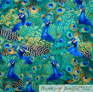 BonEful Fabric FQ Cotton Quilt Green Blue Purple Peacock Feather Bird Large Mask - Picture 1 of 12