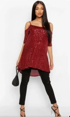 Boohoo Rojo Hombro Frío Maternidad Top Reino Unido 10 Lentejuelas Noche Foto 1 de 3