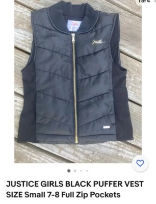 CHALECO ACOLCHADO NEGRO PARA NIÑAS DE JUSTICIA TALLA PEQUEÑA 7-8 bolsillos con cremallera completa Foto 1 de 2