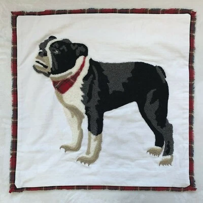 New Pottery Barn Christmas Embroidered Bulldog Pillow COVER , 20 Inches, Multi - Image 1 of 4