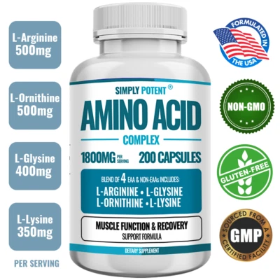 SIMPLY POTENT Amino Acid Complex 1800mg 200 Capsules, L-Arginine L-Glysine L-Lysine L-Ornithin