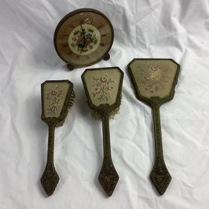 Antique Tapestry Nylon Brush, Mirror & Clock Set CLOCK UNTESTED (T11) CP#8683 - Picture 1 of 12