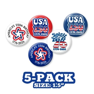 USA 250 5-pack Buttons 1.5" - America Birthday and Vintage Star 1776-2026 250th - Picture 1 of 4