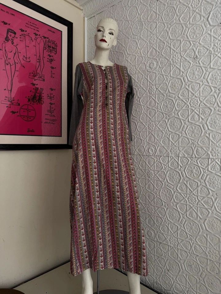 vintage caftan-Floral-Gingham-1960s Designer-Ruth Bekker-boho-Hippie-Rare-Print - Image 1 of 4