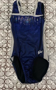 GK Elite Blue CL Metallic Blue Black Silver Nylon/Spandex Tank Leotard - Picture 1 of 4
