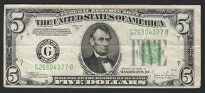 1934-C $5 Green Seal FRN Chicago IL District Fr. 1959G - Picture 1 of 2