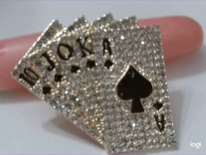Royal Flush Poker Crystal Rhinestone Black Enameal Fashion Brooch Pendant - Picture 1 of 8