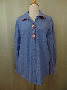 Sharon Young Sportswear Embroidered Snowmen Button-Up Denim Christmas Top #1407 - Picture 1 of 10