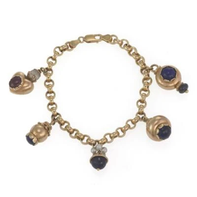 14k Yellow Gold Lapis Pearls Ruby Charms Chain Bracelet - Image 1 of 4