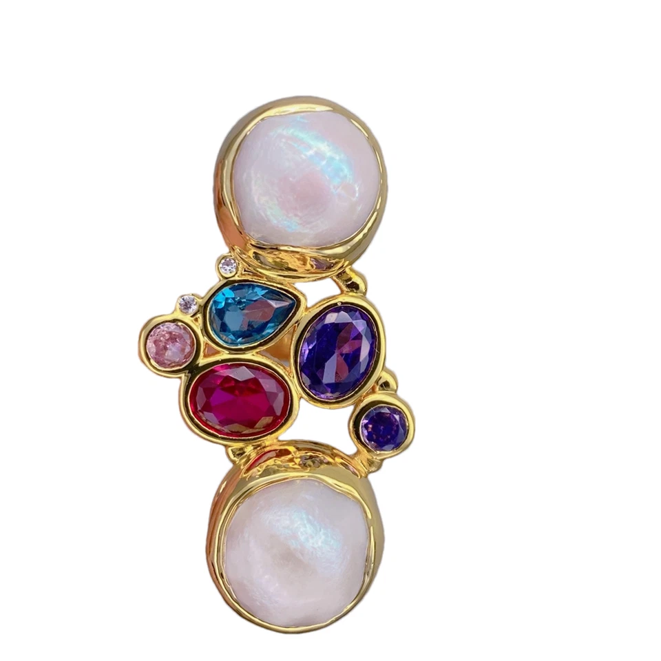Cultured White Pearl Multi Color Crystal Finger Rings Adjustable Gold Plated - Image 1 of 4