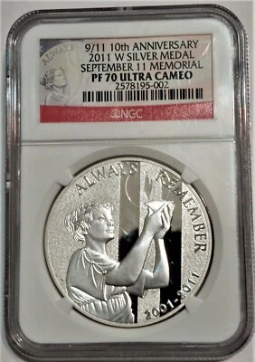 2011-W 9/11 10th ANNIVERSARY Sept 11 MEMORIAL 1 oz SILVER MEDAL NGC PF70 Top Pop - Image 1 of 4