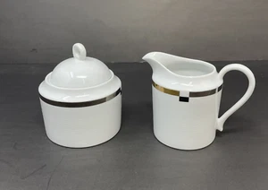 Mikasa Bijoux Creamer and Sugar with Lid L5546 Japan Gold and Black Trim - Picture 1 of 12