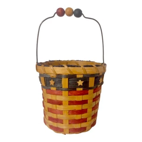 Primitive Hand Woven Patriotic Wicker Basket Stars & Stripes Red Blue Rustic 6x6 Cover