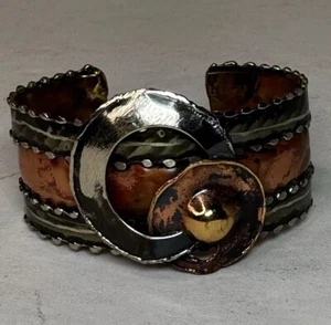 Vintage Modernist Brutalist Cuff Bracelet Copper Brass Silver Artisan - Picture 1 of 12