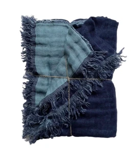 Doubleface Leinen Plaid  "Stonewashed" 135x190 cm, Jeans - Bild 1 von 2