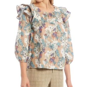 Neu mit Etikett Anthropologie Skies sind blau geblümt Top Bluse Rüschen Schulter Gr. S - Bild 1 von 8