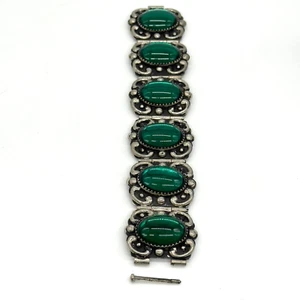 Vintage Armband grüne Glas Cabochons silberfarben breit klobig - Bild 1 von 9