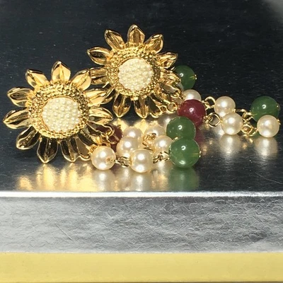 VTG Lacy Afternoon by Shell Kepler Sunflower Clip Earrings Beaded Dangles 2.5" - Image 1 of 4