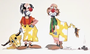 Vintage Jeffery Gant Clown Art Print - Two Rodeo Clowns - 16x12" - WC - Picture 1 of 2